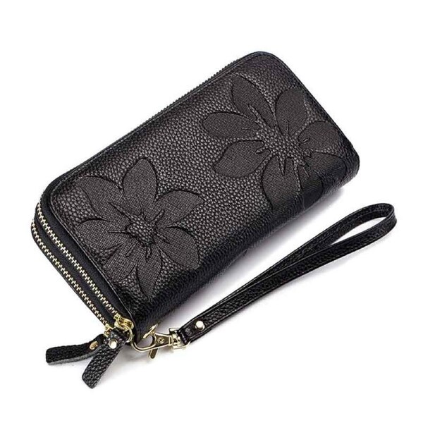 Nevenka Womens Leather Wallet Embossed Double Zipper Wallet-Black