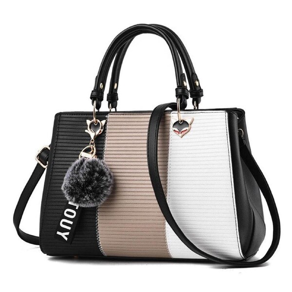 Nevenka Women Colorblock PU Leather Tote Shoulder Bag With Hair Ball-Black