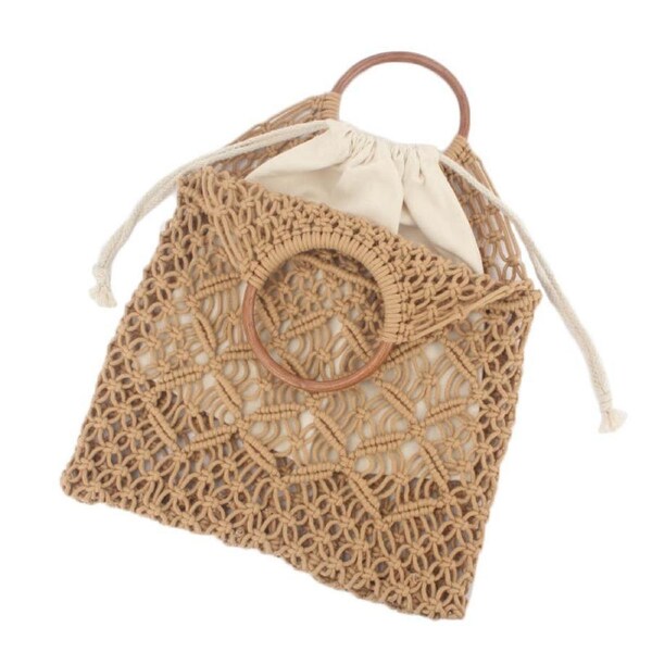 Nevenka Handmade Straw Bag Travel Beach Fishing Net Handbag for Women-F