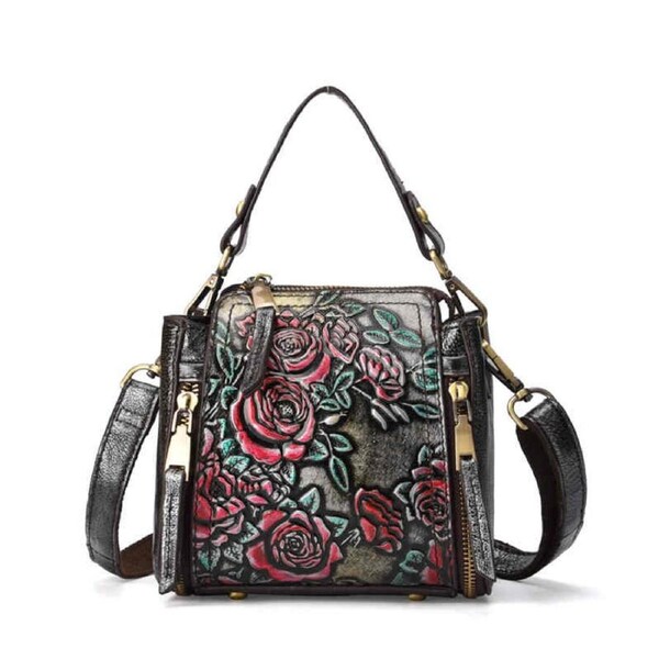 Nevenka Crossbody Bag for Women Leather Top Handle Vintage Embossing Handbag-Silver