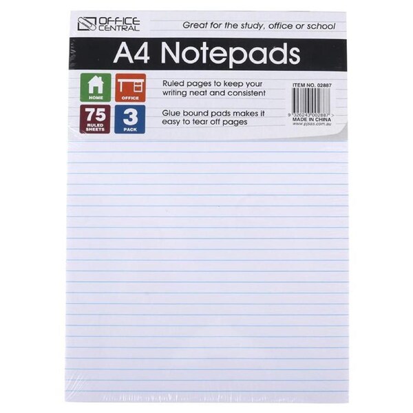 Office Central Writing Pads 3pk Ruled A4 210mm x 297mm Notebooks