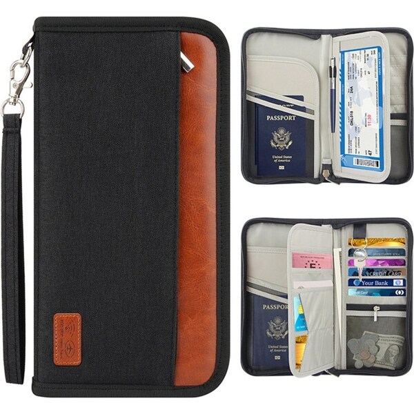 Travel Passport RFID Wallet Documents Organizer Zipper Case With Wristlet Strap