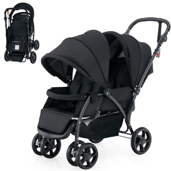 Costway Stroller Tandem Twin Pram Travel Pushchair w/Adjustable Canopy & Footrest & 5-Point Harness & Storage Basket Black