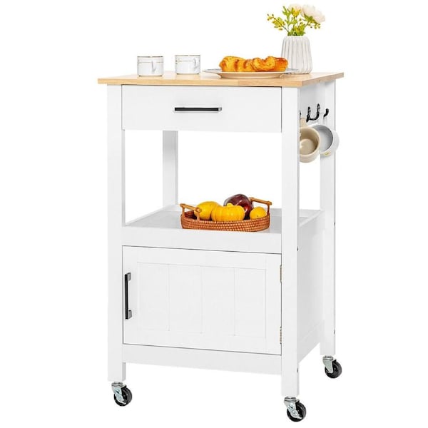 Giantex Kitchen Island Cart on Wheels Storage Cart Trolley Utility Buffet Cabinet w/Rubber Wood Top & Drawer White