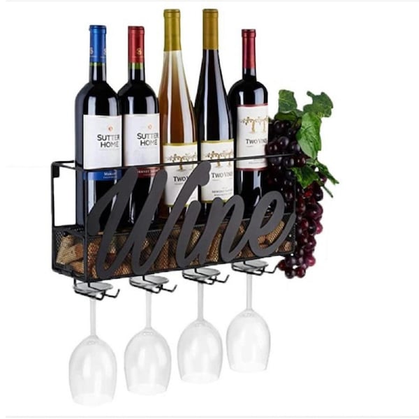 Wall Mounted Wine Glass Rack Metal Shelf with Glass Holder Cork Storage Wine Champagne Bottle Hanging Rustic Wine Holder
