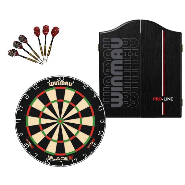 Winmau Blade 6 Dart Board + Pro Line Dartboard Cabinet + Darts Set