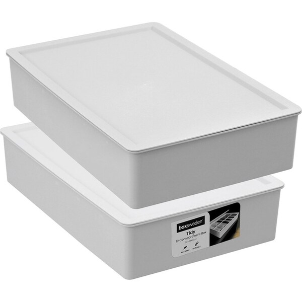 2x Boxsweden Tidy 12-Compartment 36x8cm Storage Box Organiser w/ Lid Assorted