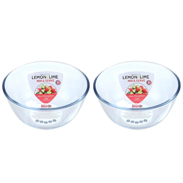 2x Lemon & Lime Yorkshire Glass 2.6L/22.5cm Mixing Bowl Round Serving Dish Clear