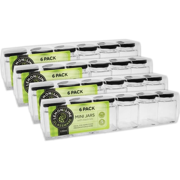 24pc Lemon & Lime 120ml Glass Square Jar Food Storage Container w/ Black Lid