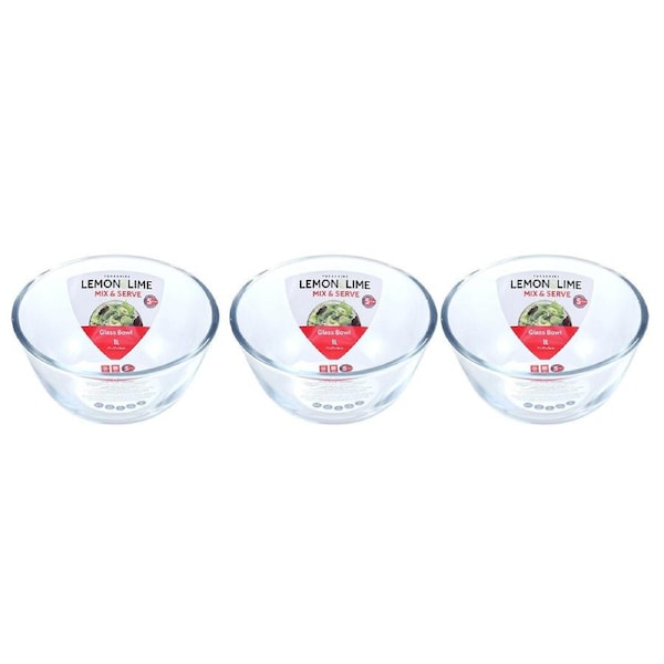 3x Lemon & Lime Yorkshire Glass 1L/17x9cm Mixing Bowl Round Serving/Bake Dish