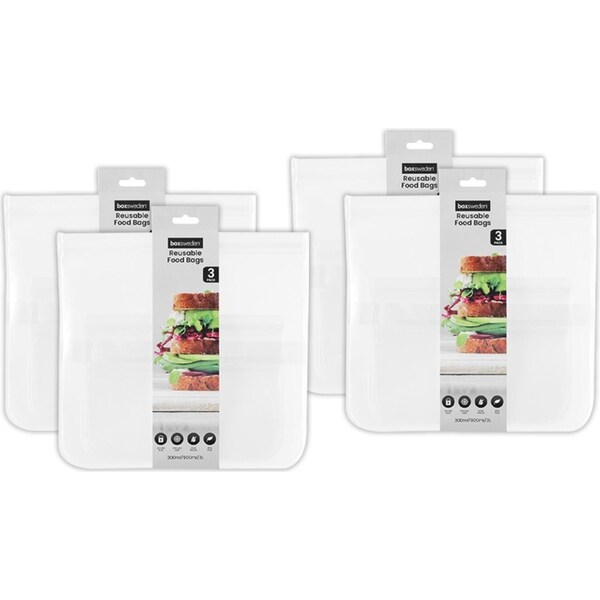 12pc Boxsweden 300ml/900ml/3L Reusable 2D Food Storage Bags Zip Container Clear