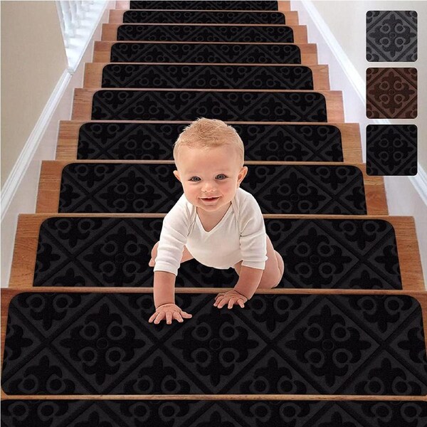 Stair Treads Carpet Non-Slip Indoor Stair Runners for Wooden Steps, Stair Rugs for Kids and Dogs, Set of 15, 8" X 30",Embossing Black