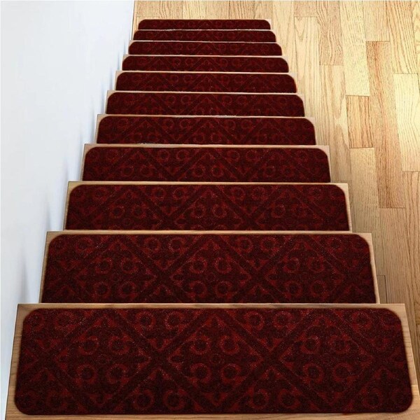 Stair Treads Carpet Non-Slip Indoor Stair Runners for Wooden Steps, Stair Rugs for Kids and Dogs, Set of 15, 8" X 30",Embossing Burgundy