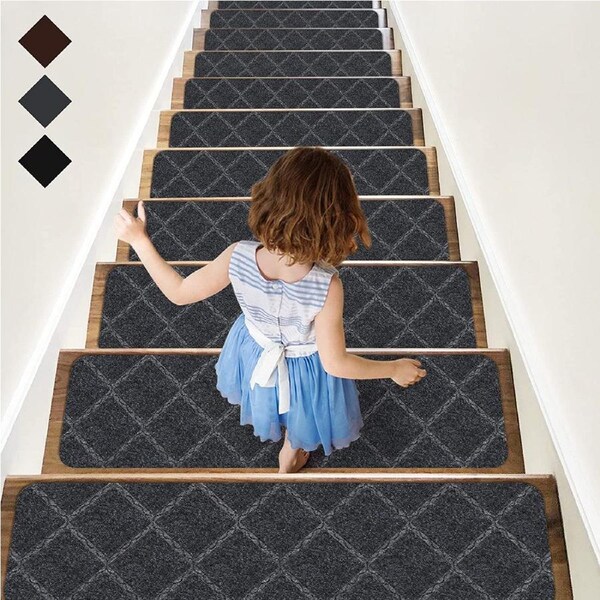 Stair Treads Carpet Non-Slip Indoor Stair Runners for Wooden Steps, Stair Rugs for Kids and Dogs, Set of 15, 8" X 30",Diamond Grey