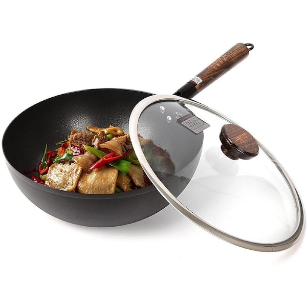Deep Wok Pan Nonstick Skillet -12 Inch No Coating Cast Iron Stir Fry Pan to Fry Eggs Steak Pancakes Pan for Induction Cooktop Gas & Electric Stove