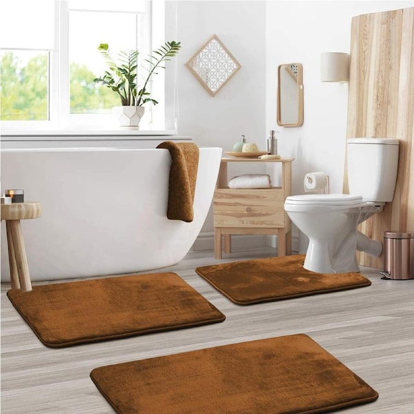 Bathroom Rugs Memory Foam Bath Mat Set for Bathroom, Non Slip Absorbent Velvet - Fast Drying -Bathroom Rug and Contour Rug Set 3 Piece -Brown