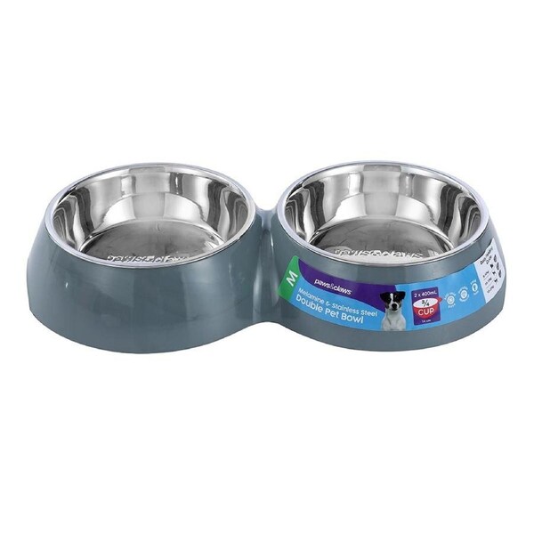 2pc Paws & Claws Melamine Pet/Dog/Cat 400ml/14cm Double Bowl Feeding Dish Grey