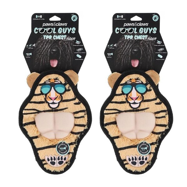 2x Paws & Claws 27cm Cool Guy Tiger TPR Chest Flat Plush Pet/Dog Squeaker Toy