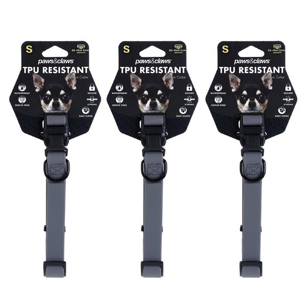 3x Paws & Claws Adjustable TPU Waterproof Dog/Pet Neck Collar 30-45x2cm S Grey