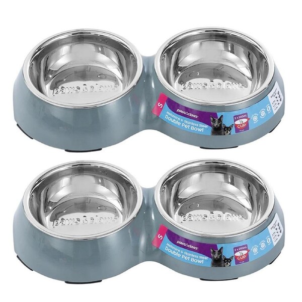 2x 2pc Paws & Claws Melamine Pet/Dog/Cat 200ml/25cm Double Bowl Feeding Dish GRY