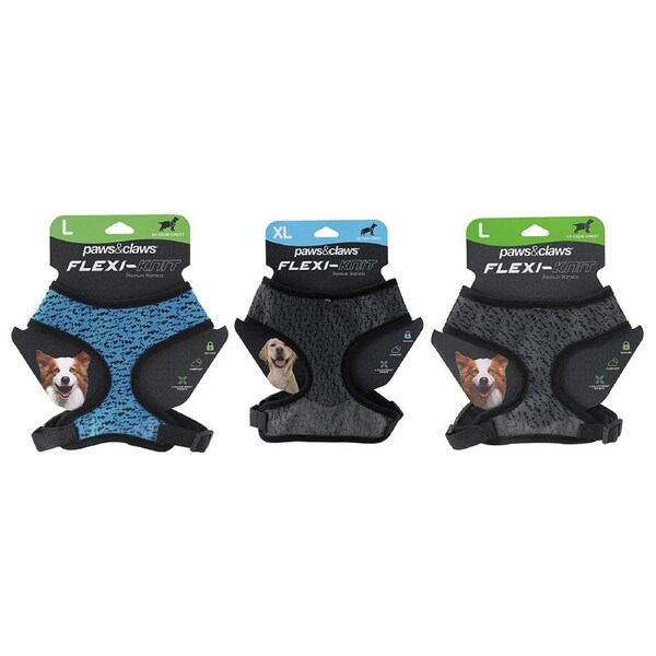 3x Paws & Claws Flexi-Knit Adjustable Harness Safety For L/XL/XXL Pet/Dog Asstd