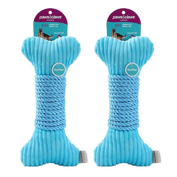2x Paws & Claws 30x14cm Roped-Up Plush Bone Squeaker Pet/Dog Fun Play Toy Aqua