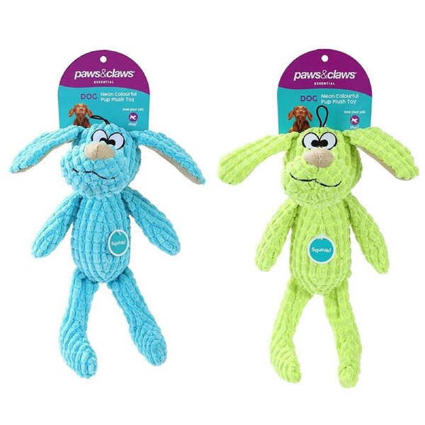 2x Paws & Claws Neon Pup Plush/Soft Interactive/Play Dog/Pet Toy Asstd 28x10cm
