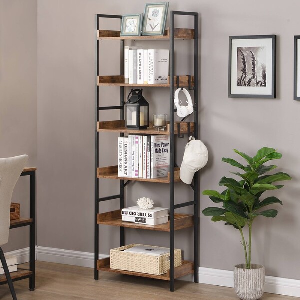 HOMFURN 6 Tier Industrial Bookshelf with 4 Hooks, Vintage Wood Bookcase, Big Storage Rack with Open Shelves, Free Standing Bookshelves Metal Frame Display Rack for Living Room,Bedroom, Brown