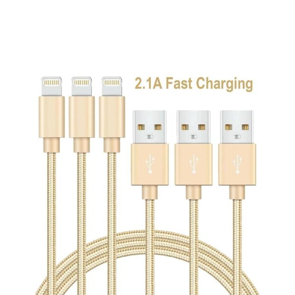 [3 Pack] 2M USB 2.1A Fast Charger Cable Naylon Braided For Apple iPhone 14 13 12 11 XR X S Max Charging Cord - Gold