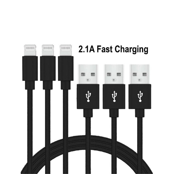 [3 Pack] 2M USB 2.1A Fast Charger Cable Naylon Braided For Apple iPhone 14 13 12 11 XR X S Max Charging Cord - Black