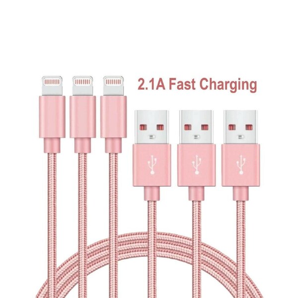 [3 Pack] 2M USB 2.1A Fast Charger Cable Naylon Braided For Apple iPhone 14 13 12 11 XR X S Max Charging Cord - Rose Gold