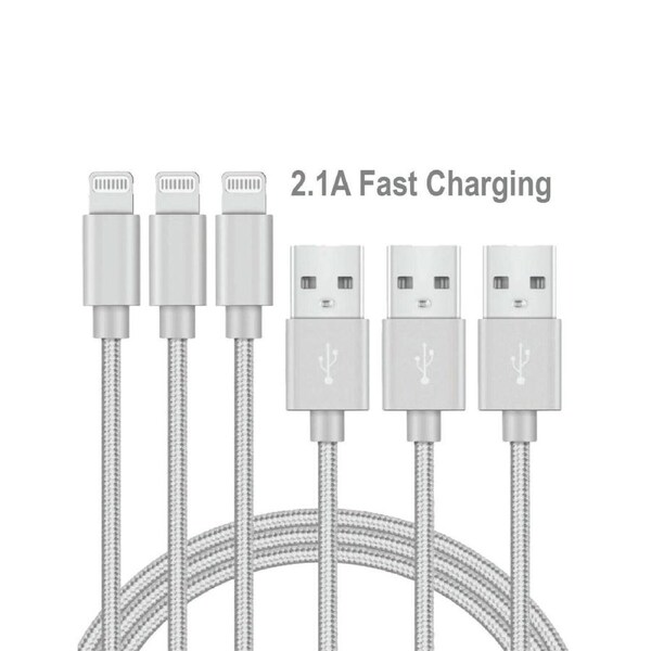 [3 Pack] 2M USB 2.1A Fast Charger Cable Naylon Braided For Apple iPhone 14 13 12 11 XR X S Max Charging Cord - Silver