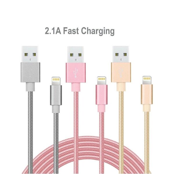 [3 Pack] 2M USB 2.1A Fast Charger Cable Naylon Braided For Apple iPhone 14 13 12 11 XR X S Max Charging Cord - Silver/Pink/Gold