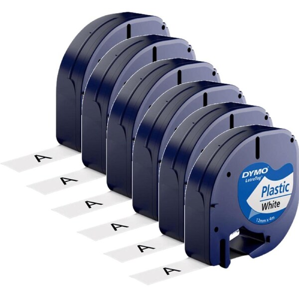5 Pack Dymo 91331 Letratag Plastic Labelling Tape Refill 12mm Black On White