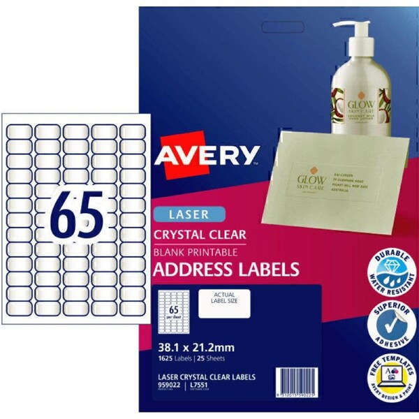 Avery 959022 L7551 Crystal Clear Address Label Laser 65Up Clear Pack 25