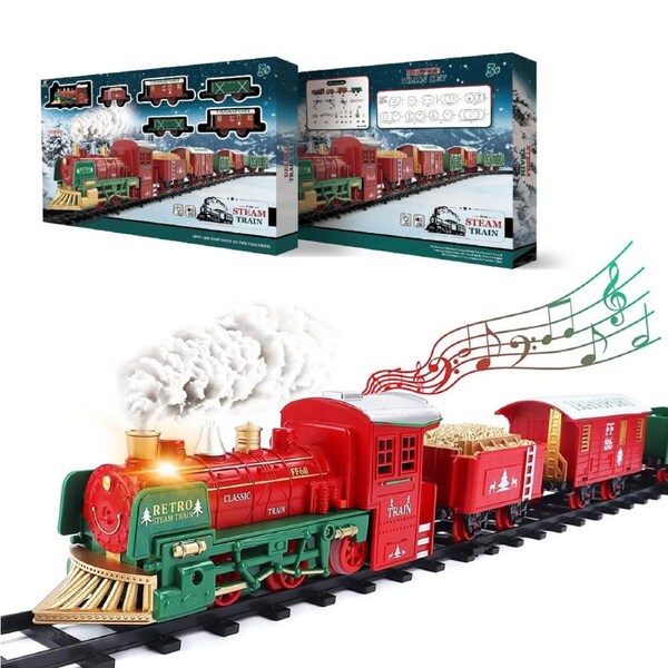 Delux Christmas Steam Train Set for Kids with Light & Sounds Smoke Effect 27 Track Electric Train Set Great Accessory for Kids Gift