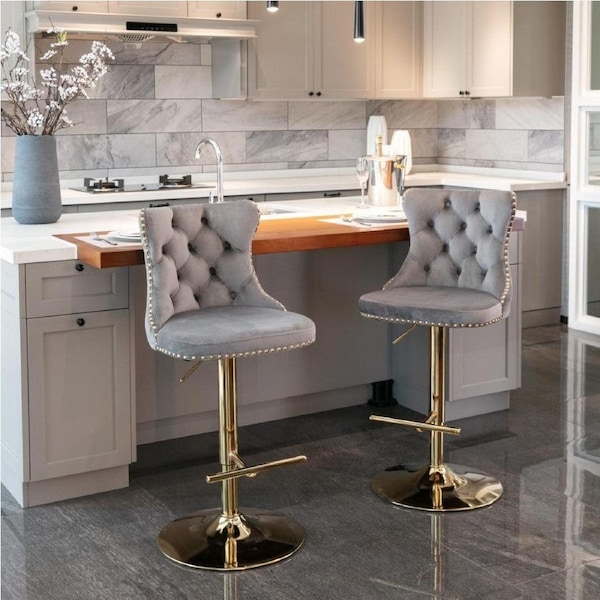 Lorah Set of 2 Golden Base Gas Lift Bar stools- Grey