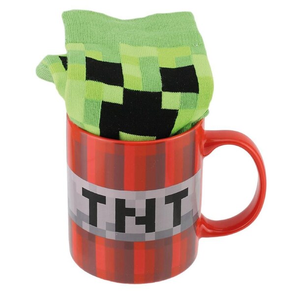 Minecraft TNT Block Ceramic Mug & Creeper Mob Unisex Socks Novelty Gift Set