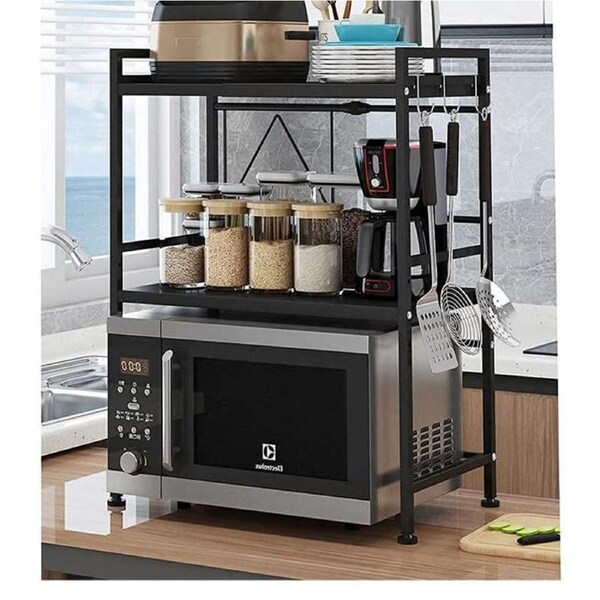 OZNALA 3 Tier Expandable Microwave Oven Rack Shelf Stand Stainless Steel Kitchen Condiment Storage Holder, Width Adjustable with Hooks for Kitchen, Shower Room, Wardrobe, Garage Black
