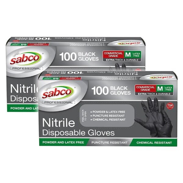 200x Sabco Professional Nitrite Medium Commercial Grade Disposable Gloves Black