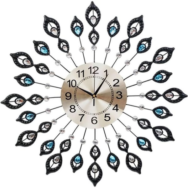 Peacock Wall Clock Large Crystal Luxury Round Wall Clocks - 60cm Black