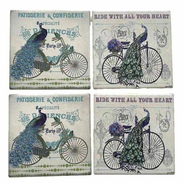 Kitchen Cork Backed Coasters Peacock Ceramic Set 4