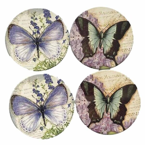 Kitchen Cork Backed Coasters Butterfly Ceramic Set 4