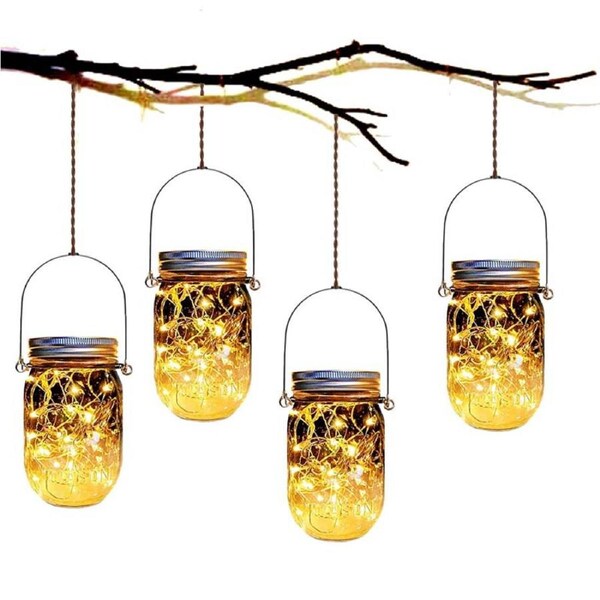 Nevenka Mason Jar Solar Lantern Light 4 Pack-30 Leds Post Led Lights Starry Star Fairy Firefly Jar Lights for Outdoor Patio Garden Yard