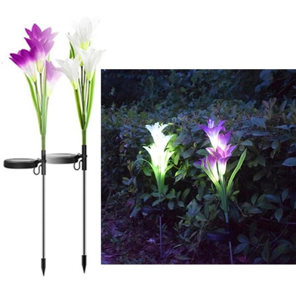 Nevenka 2 Pack Garden Lily Flower Light Outdoor Color Changing LED Solar Decorative Lights for Garden Patio Backyard (Purple and White)