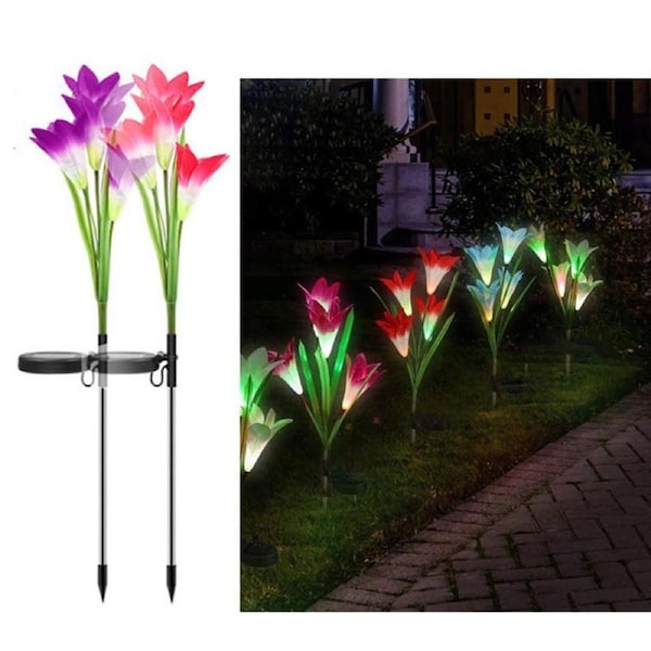 Nevenka 2 Pack Garden Lily Flower Light Outdoor Color Changing LED Solar Decorative Lights for Garden Patio Backyard (Red+Purple)