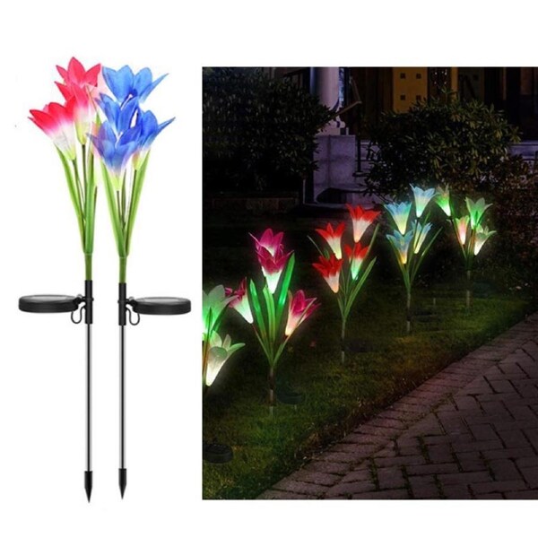 Nevenka 2 Pack Garden Lily Flower Light Outdoor Color Changing LED Solar Decorative Lights for Garden Patio Backyard Red+Blue)