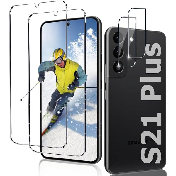 [2+2 Pack] 2 Pack S21 Plus 5G Glass Screen Protector + 2 Pack Camera Lens Protector-For S21 Plus 5G