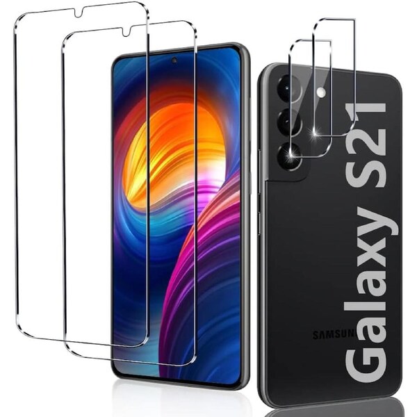 [2+2 Pack] 2 Pack S21 5G Glass Screen Protector + 2 Pack Camera Lens Protector-For S21 5G