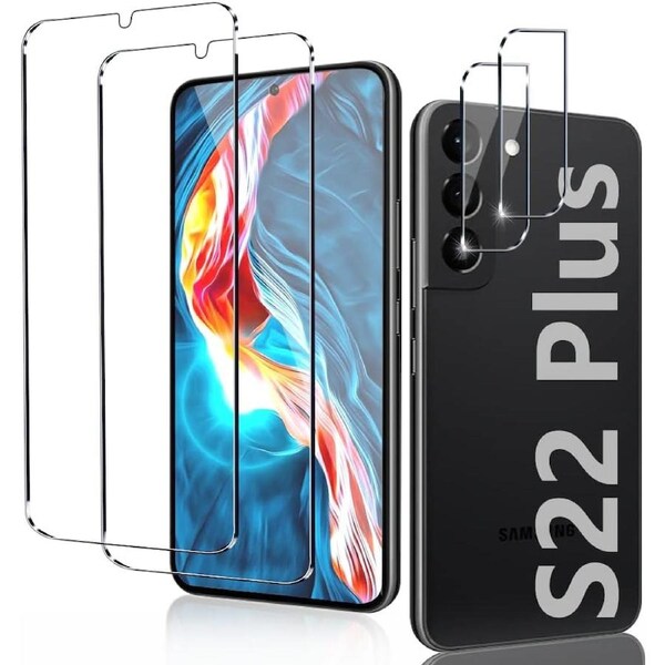[2+2 Pack] 2 Pack S22 Plus 5G Glass Screen Protector + 2 Pack Camera Lens Protector-For S22 Plus 5G